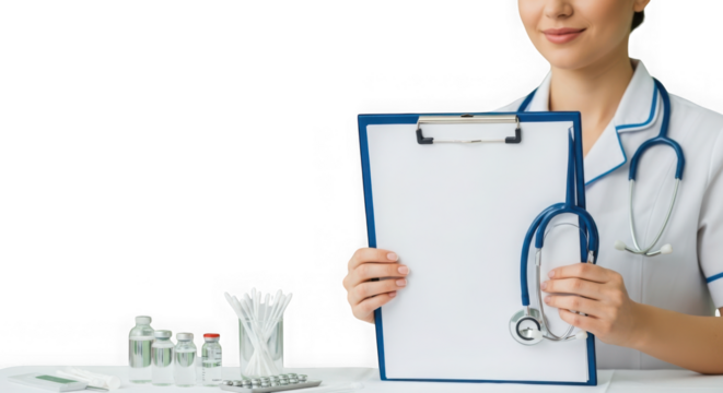 Female doctor holding clipboard with stethoscope isolated on transparent background