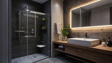 Elegant modern bathroom featuring a sleek shower, wooden vanity, and ambient lighting for a serene atmosphere.