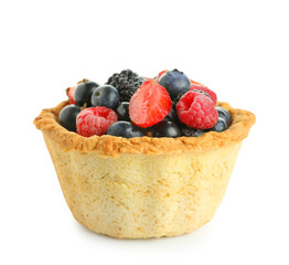 Sweet tartlet with different fresh berries on white background