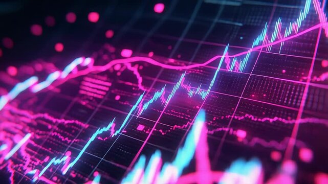 Stock market chart showing growing trends with glowing lines on digital screen