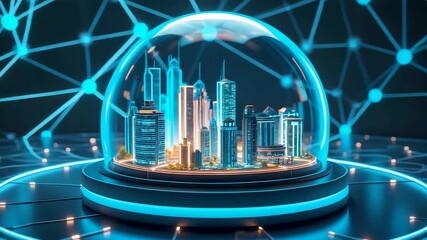 Futuristic digital smart city hologram inside glowing dome with network connections in modern technology concept - Powered by Adobe