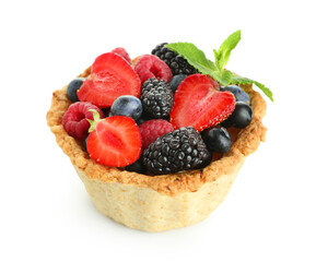 Sweet tartlet with different fresh berries and mint on white background
