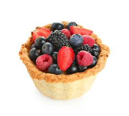 Sweet tartlet with different fresh berries on white background