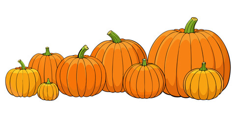 A collection of realistic pumpkins in various natural shapes and sizes, arranged in rows on a clean white background. The pumpkins are deep orange in color with distinct ridges and green stems. Some a