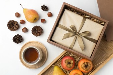 Overhead shot of gift box with ribbon pear pine cones hazelnuts and tea cup on white background