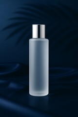 Frosted toner bottle with silver cap on navy silk background