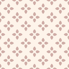 Simple floral seamless pattern. Cute vector geometric texture with leaves, bold flower silhouettes. Retro vintage mid-century style background. Pink and beige color. Repeated design for decor, textile