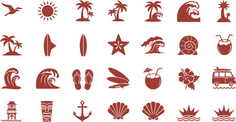 Tropical Beach and Surf Icon Set – Palm Tree, Wave, Surfboard, Shell, Coconut, Van, Summer, Vector Clipart