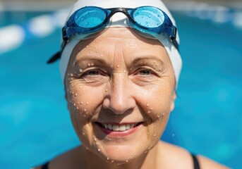 Close up portrait of a smiling senior woman in a swim cap with water droplets.