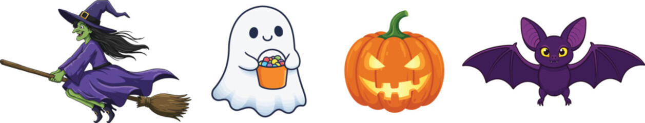Halloween Character Icon Set – Witch, Ghost, Pumpkin, Bat, Cute Spooky Cartoon, Vector Clipart