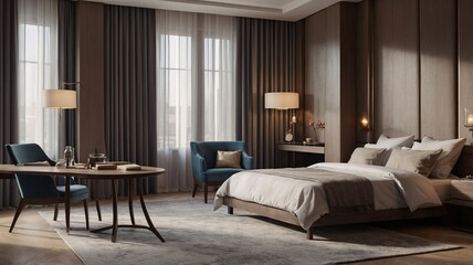 Fototapeta premium Elegant modern bedroom with wooden accents and cozy textiles, featuring soft lighting and a relaxing atmosphere.