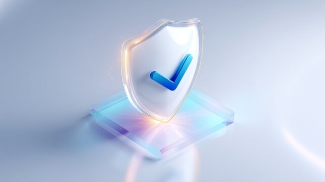 3d security shield icon with checkmark in blue glassmorphism style