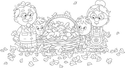 Funny family of mushroomers with a large basket full of picked wild mushrooms from an autumn forest, black and white vector cartoon illustration for a coloring book