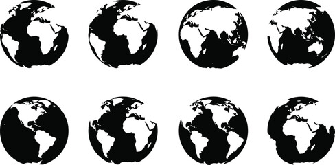 Globe Icon Set – Earth, World Map, Planet, Global, Continents, Black Silhouette, Vector Clipart