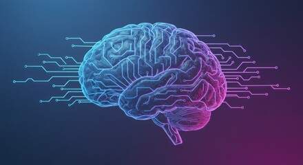 Artificial intelligence brain icon with circuit lines, futuristic glowing design, transparent PNG cutout