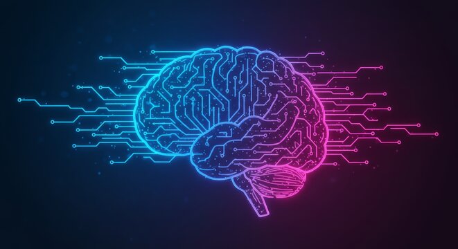 Artificial intelligence brain icon with circuit lines, futuristic glowing design, transparent PNG cutout