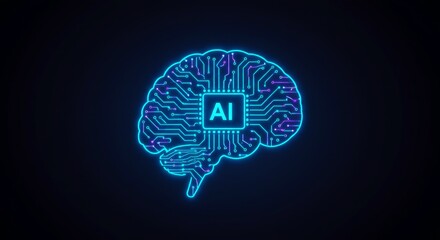 Artificial intelligence brain icon with circuit lines, futuristic glowing design, transparent PNG cutout
