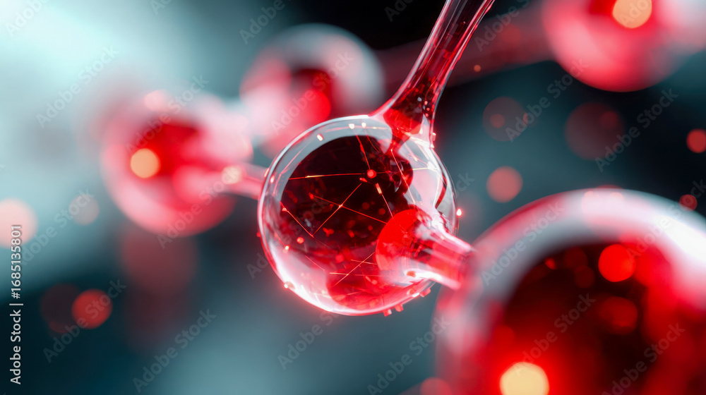 Poster close-up of a glowing red molecular model with digital connections and particles floating against a 