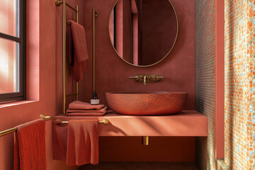 Artistic bathroom with a warm terracotta color scheme, handcrafted ceramic sink, brass towel racks, and a unique tile pattern.