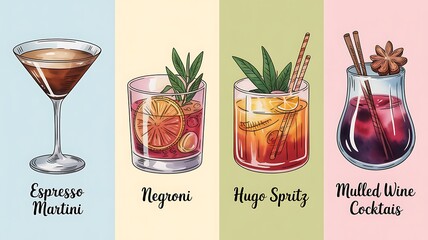 Espresso Martini, Negroni, Hugo Spritz, and Mulled Wine cocktails illustrated in watercolor style with ingredients. Set of four classic drink recipes on pastel backgrounds.