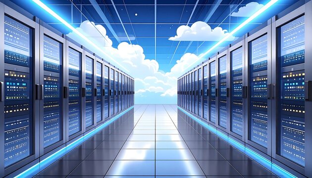 Server room with illuminated walkway - Powered by Adobe