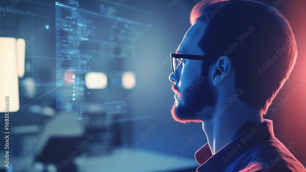 Poster software developer analyzing code on futuristic transparent display in modern office at night