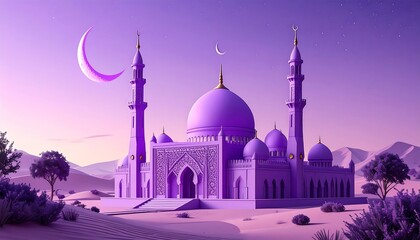 A vibrant purple mosque in a desert landscape at dawn