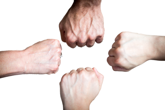 Group of hands joining in strength. A group of four fists joined together in a gesture of teamwork, strength, and unity. Partnership, success, support, community, cooperation, group, power, people - Powered by Adobe