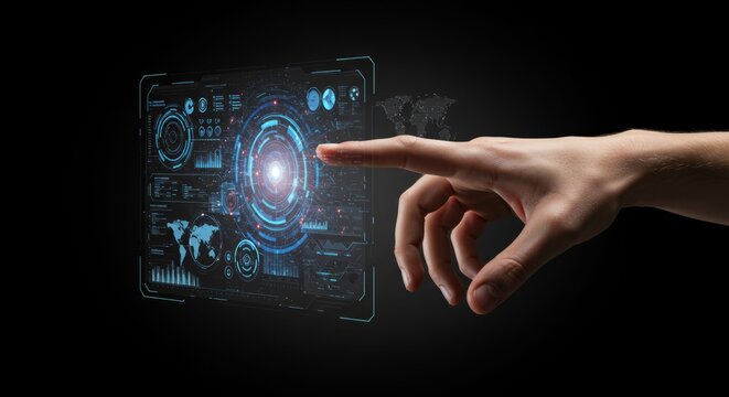 Human hand touching digital holographic interface, IT innovation, isolated PNG with transparency