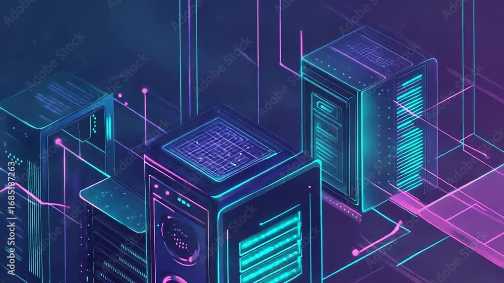 Poster server racks glowing in dark data center processing big data