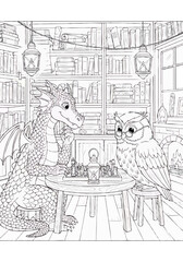 Charming fantasy coloring page of a clever dragon and a wise owl playing chess in a cozy library.
