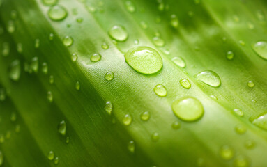 Background and Texture Water drops on banana leaves, macro of backdrop nature