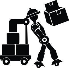 A stylized black silhouette of a robot with a hard hat, lifting boxes onto a cart with an attached crane.