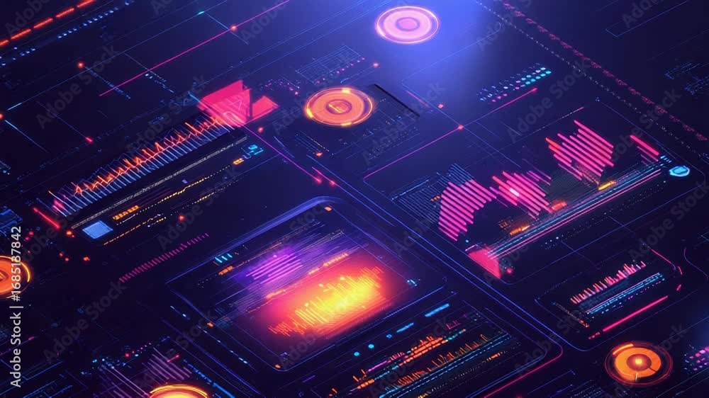 Poster futuristic interface showing data analysis and information processing