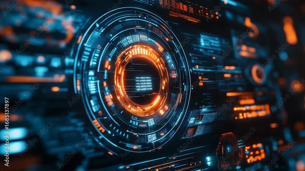Poster futuristic head up display showing rotating circles and data analysis processing