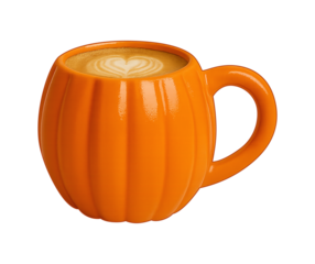 Cute pumpkin-shaped mug filled with latte and heart-shaped foam art, isolated on transparent background. Perfect for cozy fall, Halloween, or Thanksgiving themes.