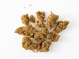 Dried Cannabis Flower on White Background for Herbal Use and Study