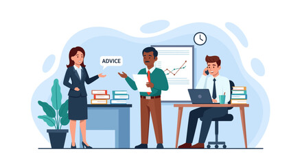Business professionals collaborate and offer advice in a modern office environment. Ideal for depicting teamwork, consultation, and corporate strategy.