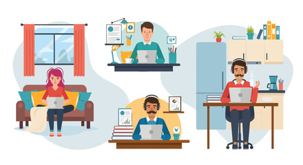 Diverse people happily working remotely from their homes, illustrating flexible modern work-life balance and productivity in various comfortable settings.