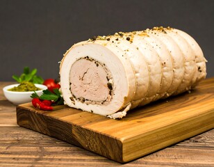 Rolled, seasoned pork roast on a wooden board, with herbs and a condiment