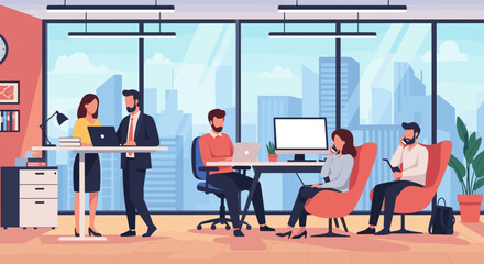 Diverse professionals collaborate and communicate in a modern, open-plan office space with city views. Represents contemporary business and teamwork.