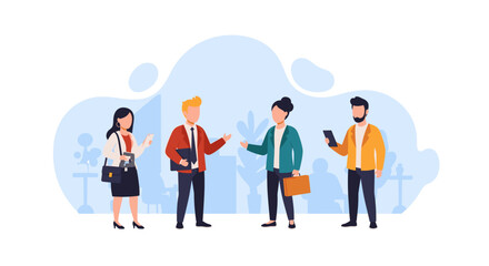 Group of diverse business professionals communicating and collaborating, representing teamwork, discussion, and corporate interaction in a modern setting.