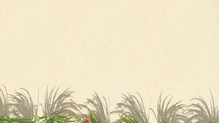 Minimalist decorative background with silhouettes of grass plants on a beige wall surface