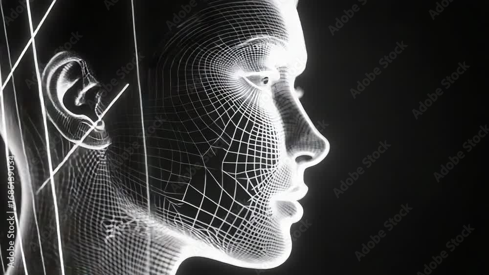 Poster wireframe face emerging from darkness symbolizing artificial intelligence