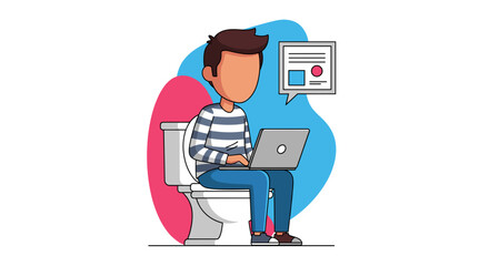 Man on toilet uses laptop, with a document icon in a thought bubble, illustrating remote work, multitasking, or digital habits.