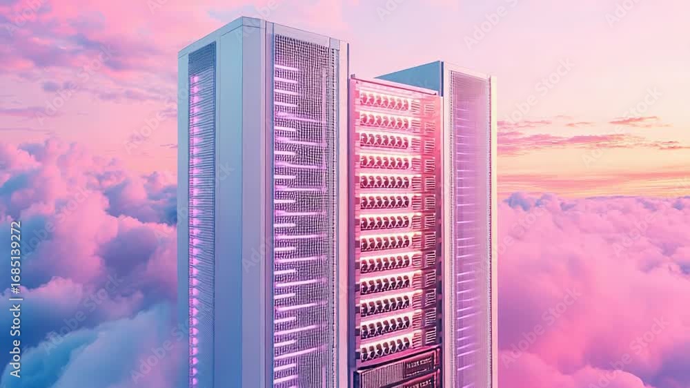 Poster server racks floating in pink clouds at sunset representing cloud computing