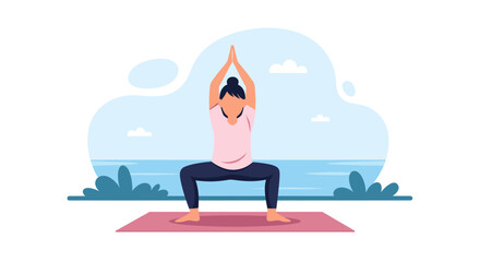 Illustrative image of a woman performing a yoga pose on a mat in a serene outdoor setting. Ideal for health, wellness, and active lifestyle themes.