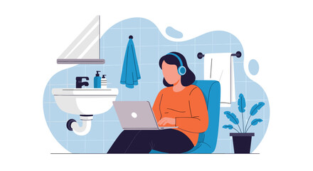 Focused woman in headphones uses a laptop in a bathroom, illustrating remote work, flexible arrangements, and productivity from any location.