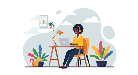 Happy African American woman working from home on a laptop, wearing headphones in a modern, plant-filled environment. Ideal for remote work, online learning, or digital nomad concepts.