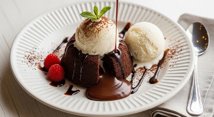 Decadent Chocolate Lava Cake with Pouring Hot Fudge, Vanilla Ice Cream, Raspberries, and Mint